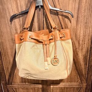 Michael Michael Kors Tan Leather Canvas Drawstring Bucket Tote Shoulder Bag